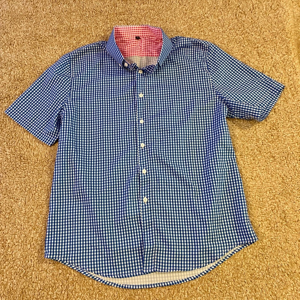 Men's Royal Blue White Gingham Button Down Shirt Short Sleeve Curved Hem Small